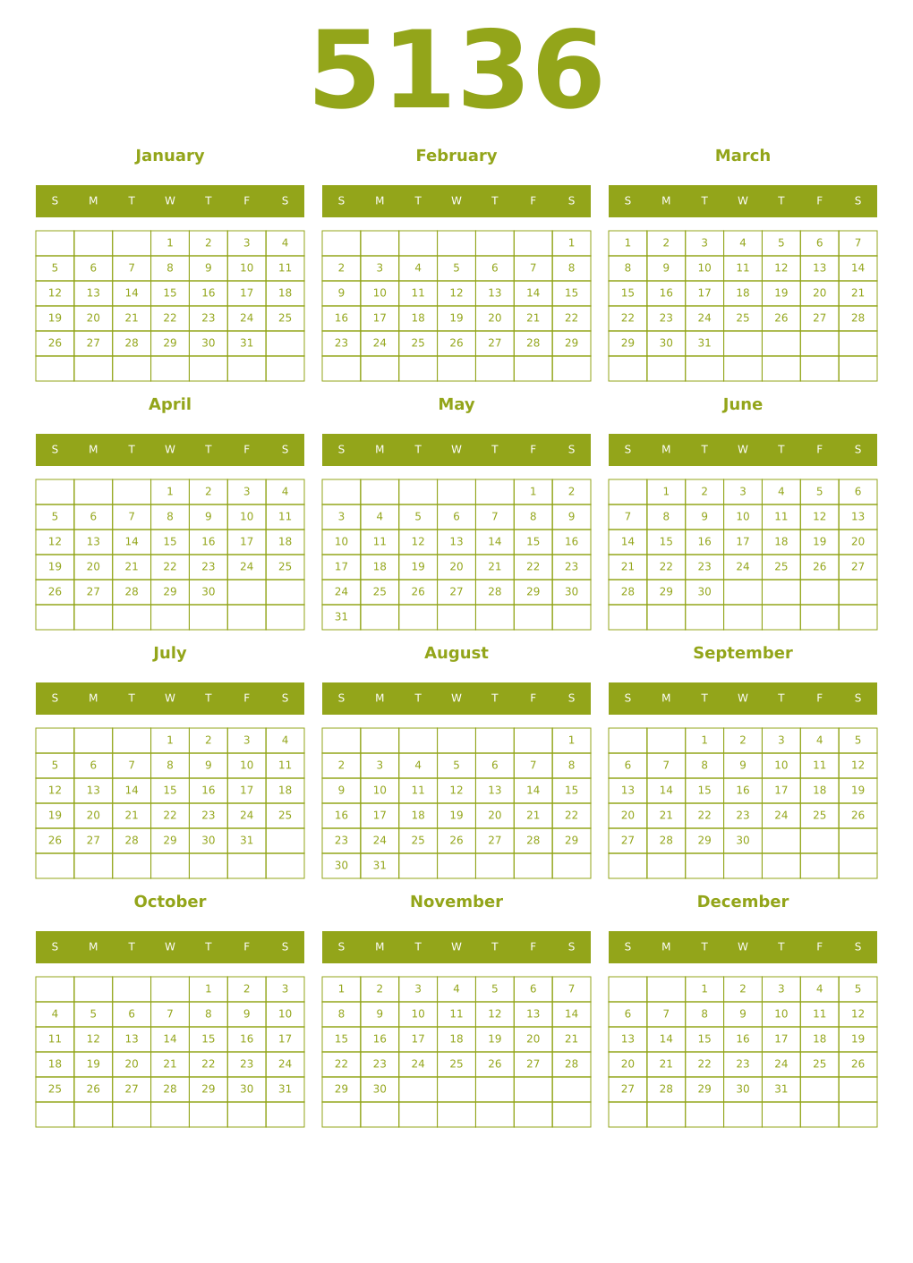 Printable 5136 Year Calendars chartreuse