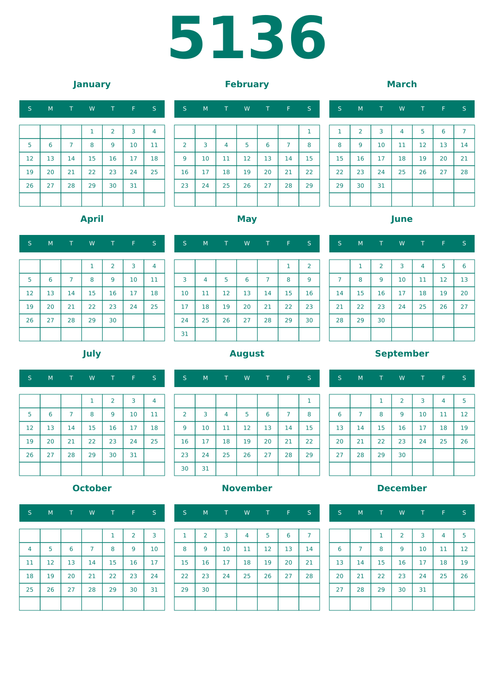 Printable 5136 Year Calendars pastel