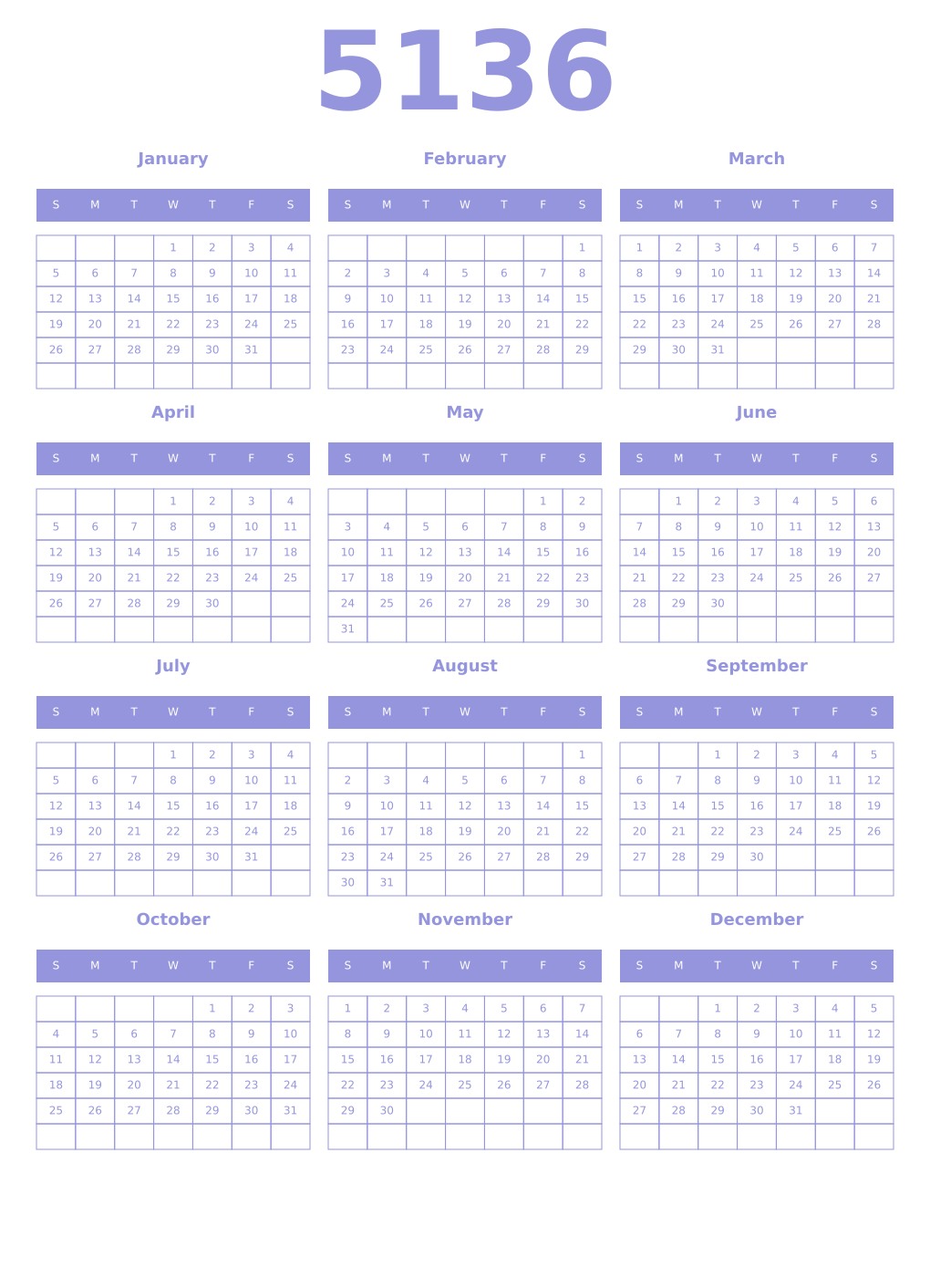 Printable 5136 Year Calendars periwinkle