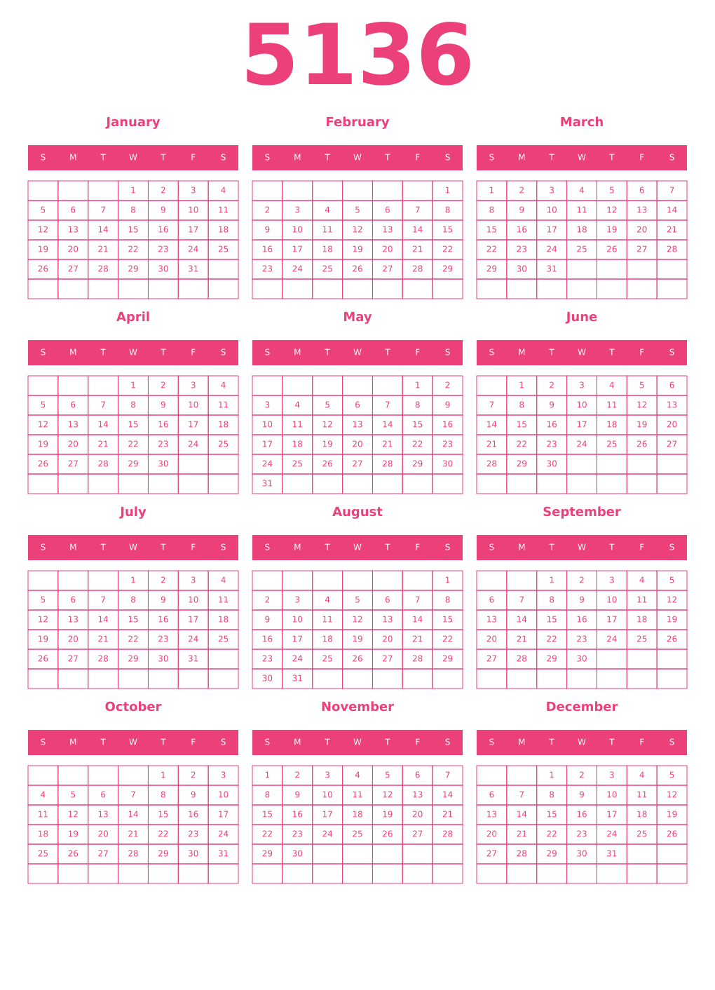 Printable 5136 Year Calendars pink