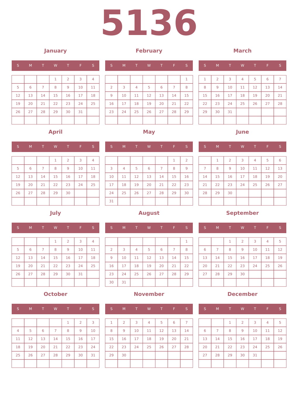 Printable 5136 Year Calendars puce