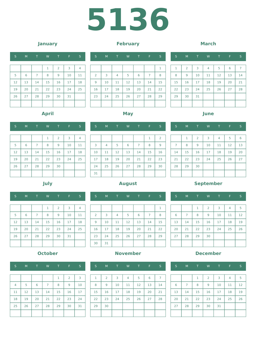 Printable 5136 Year Calendars viridian