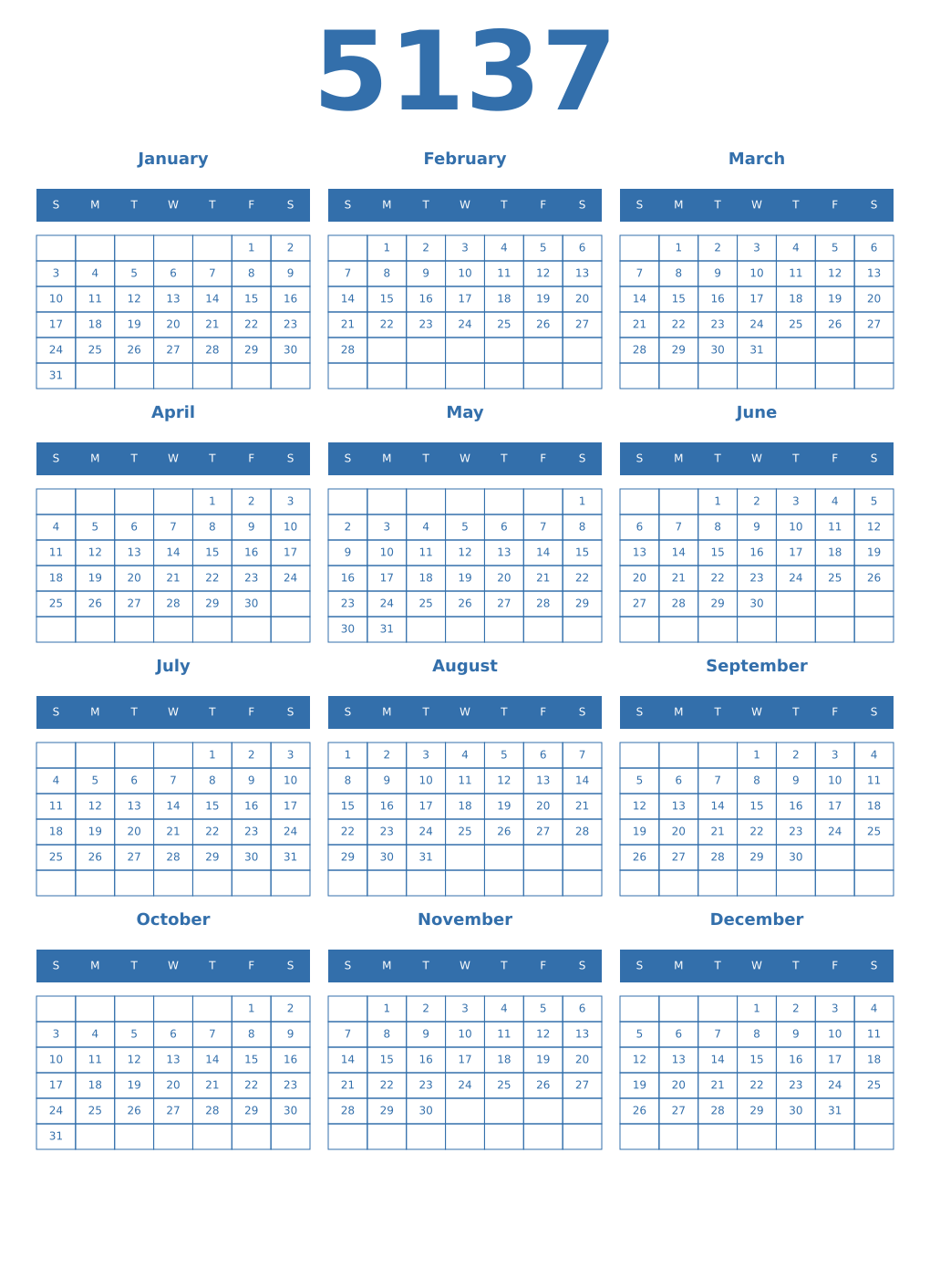 Printable 5137 Year Calendars blue