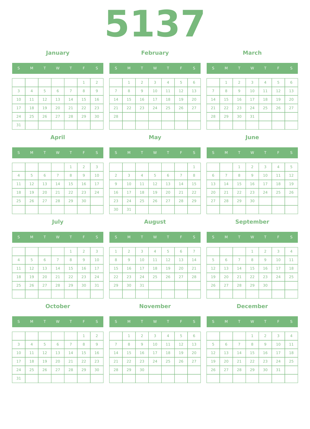 Printable 5137 Year Calendars celadon