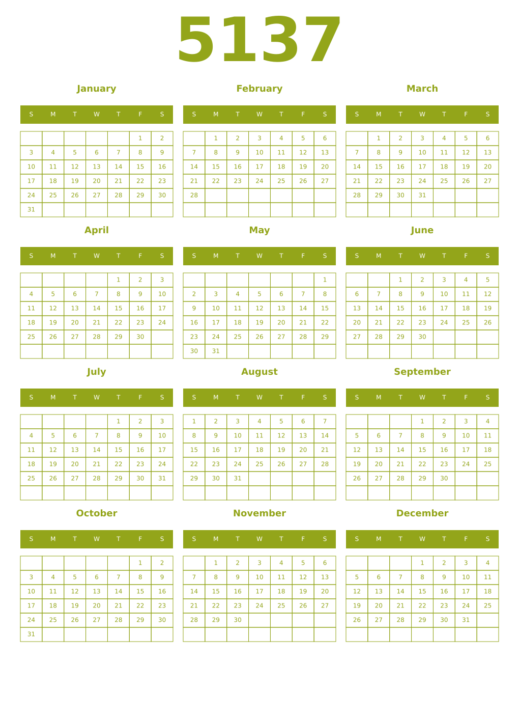 Printable 5137 Year Calendars chartreuse