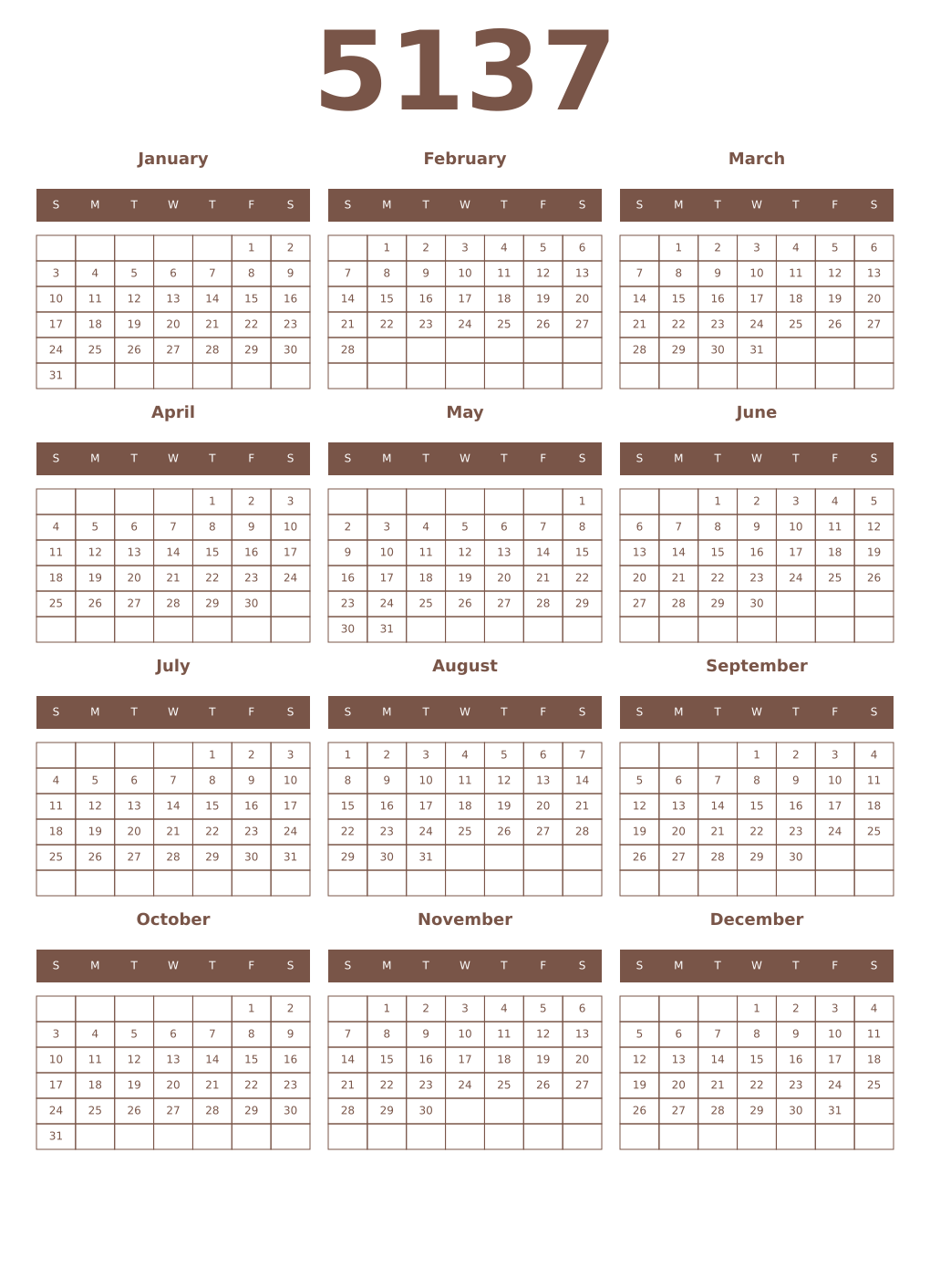 Printable 5137 Year Calendars coffe
