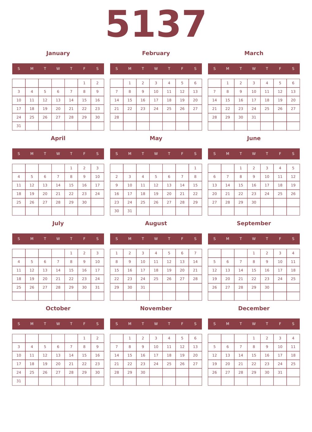 Printable 5137 Year Calendars cordovan