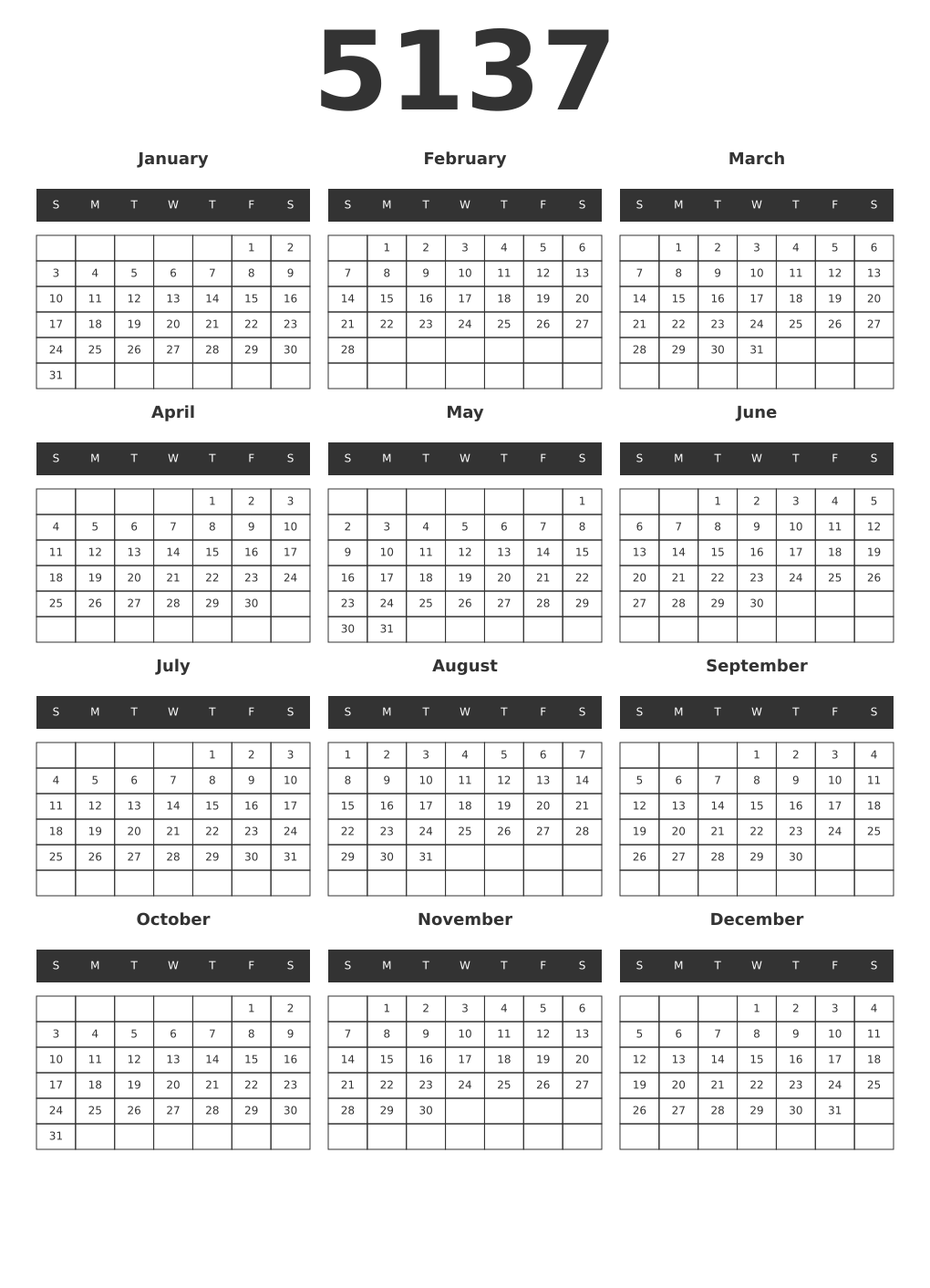 Printable 5137 Year Calendars dark