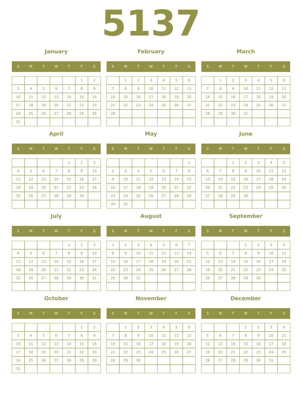 Printable 5137 Year Calendars eburnean