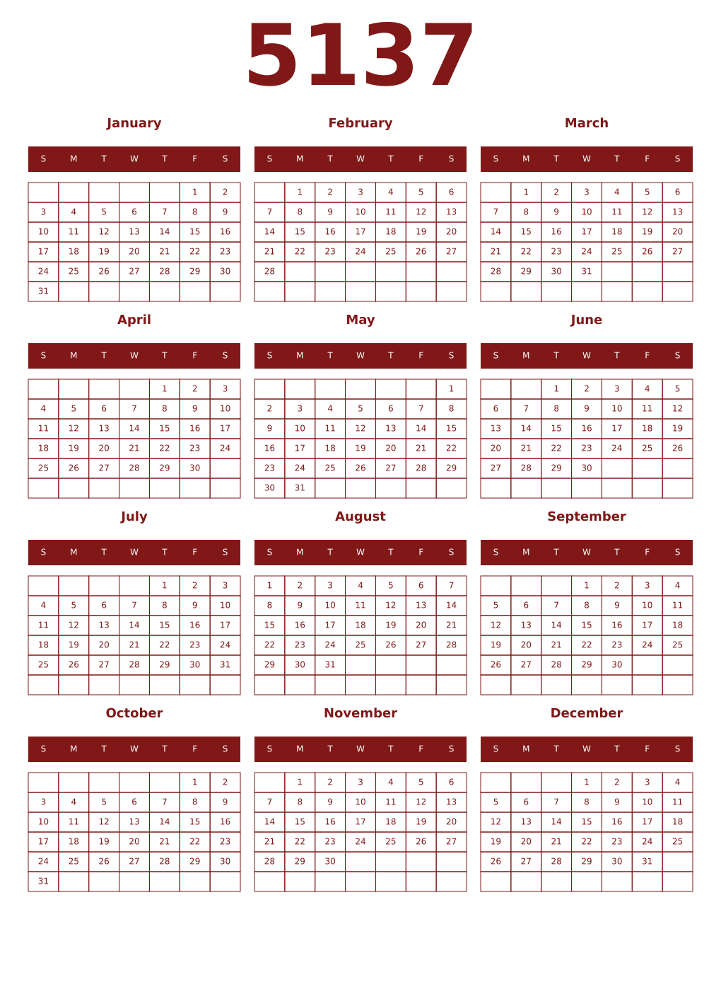 Printable 5137 Year Calendars falu
