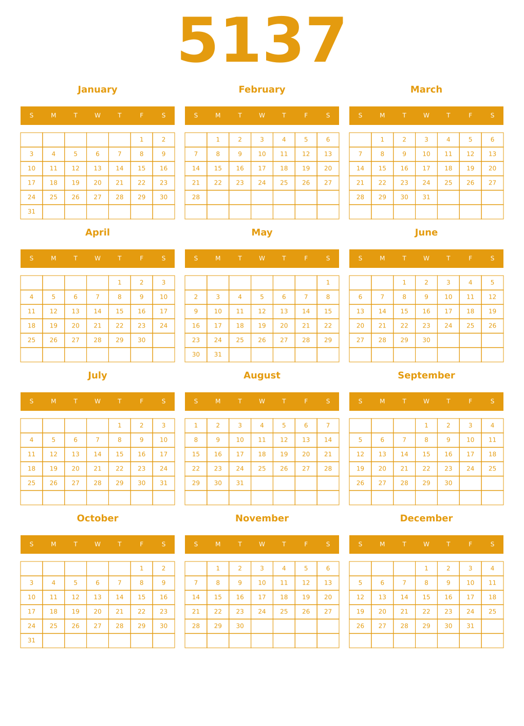 Printable 5137 Year Calendars gamboge