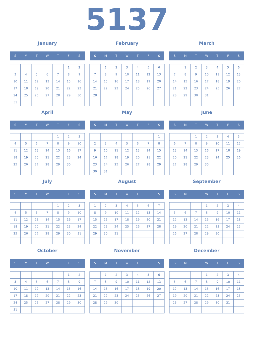 Printable 5137 Year Calendars glaucous
