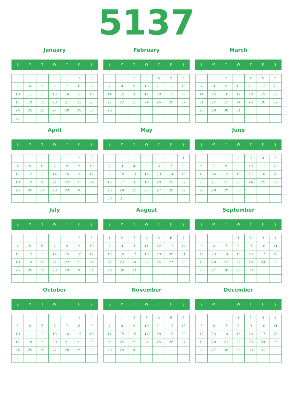 Printable 5137 Year Calendars green