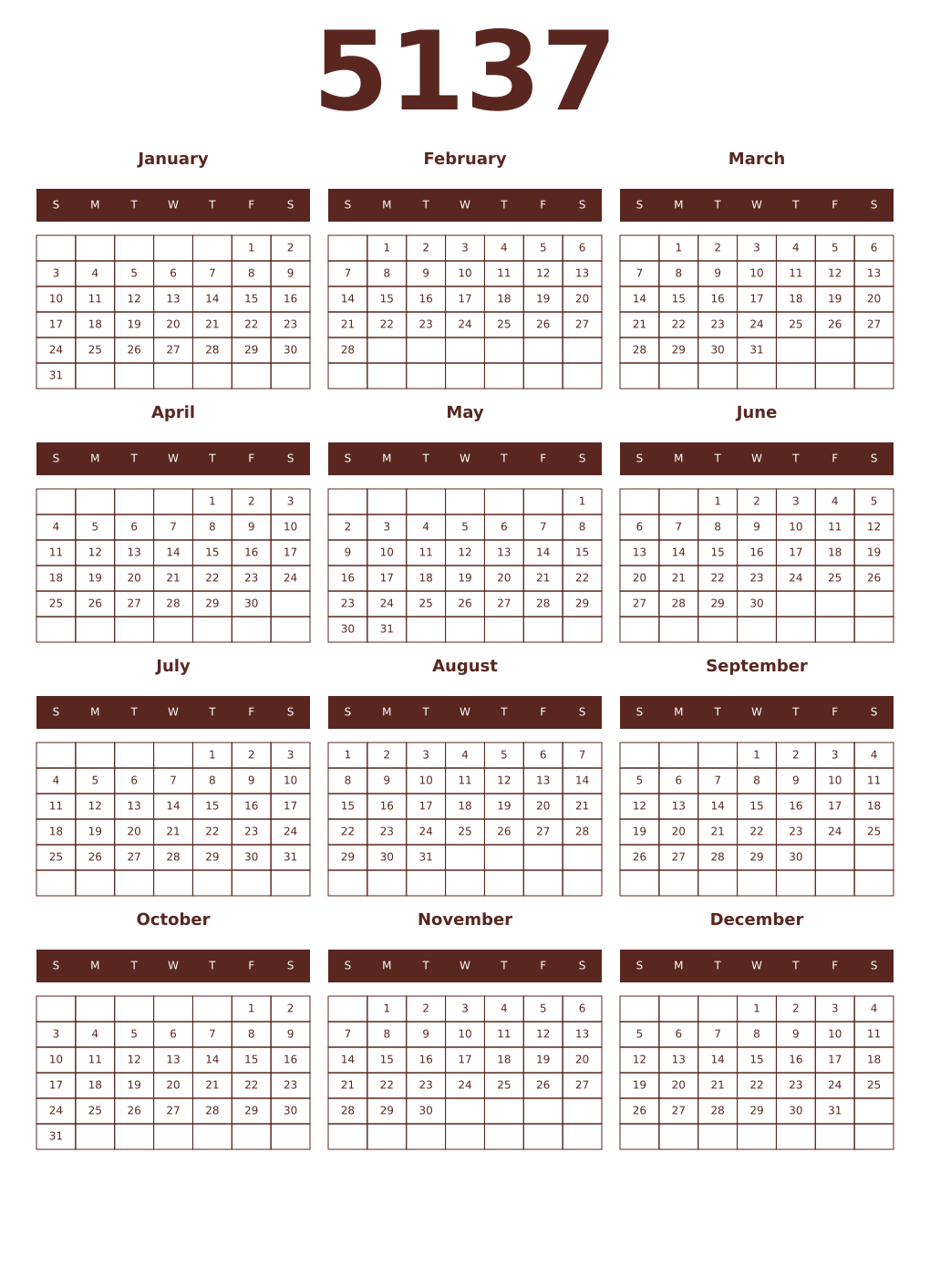 Printable 5137 Year Calendars mortuum