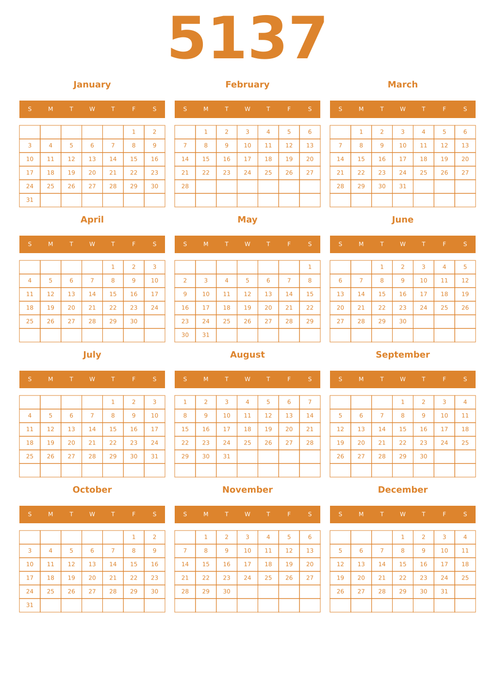 Printable 5137 Year Calendars orange