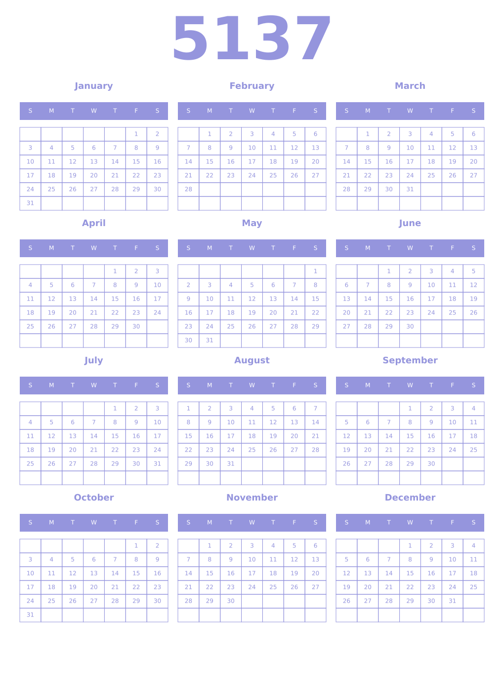 Printable 5137 Year Calendars periwinkle