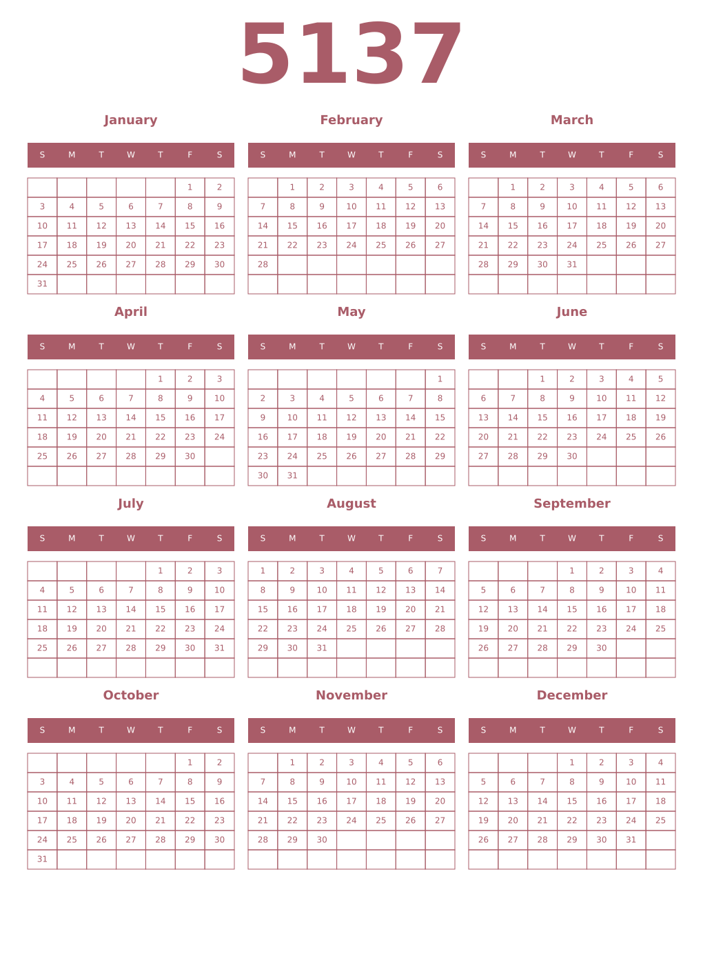 Printable 5137 Year Calendars puce