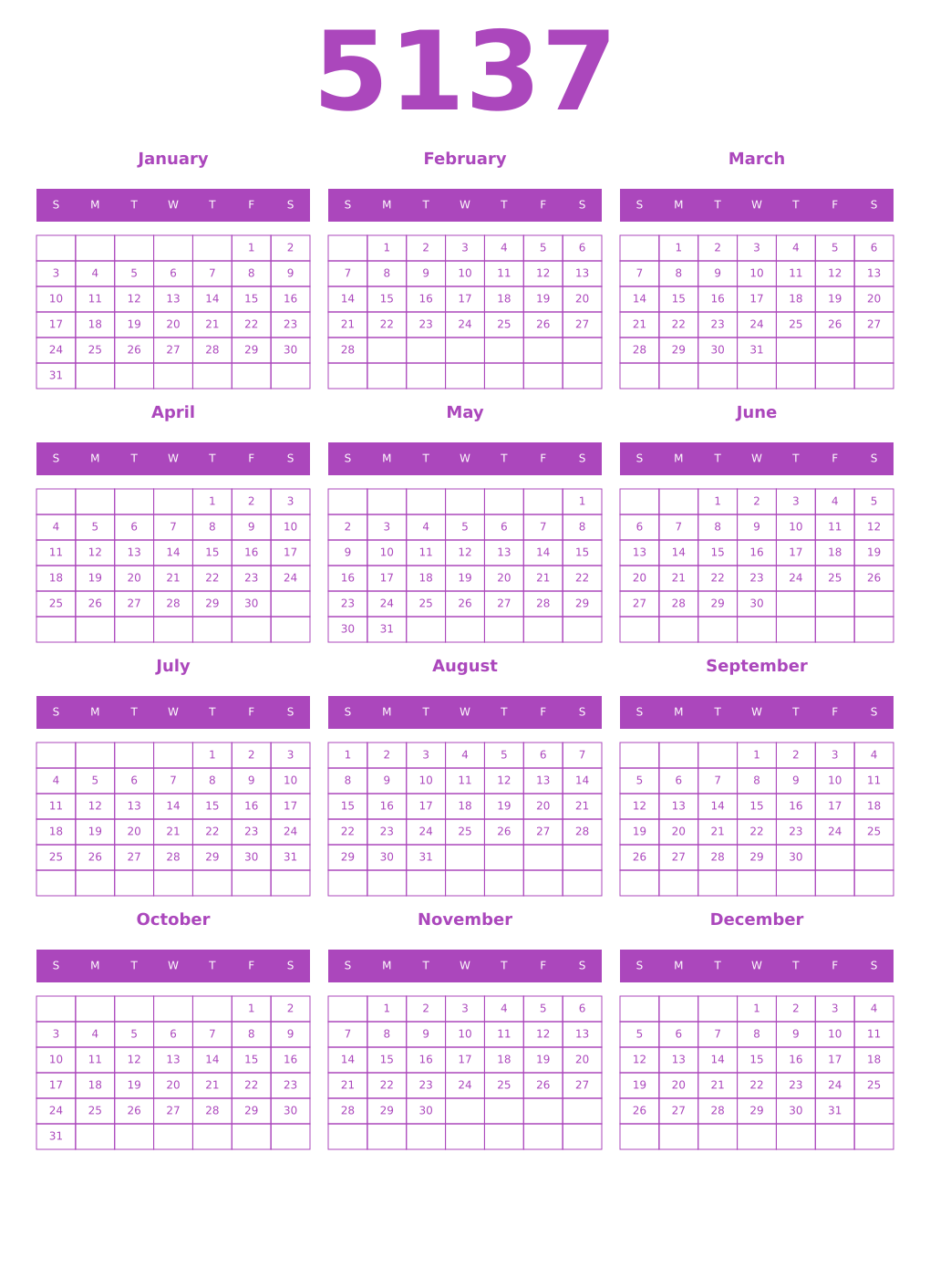 Printable 5137 Year Calendars purple