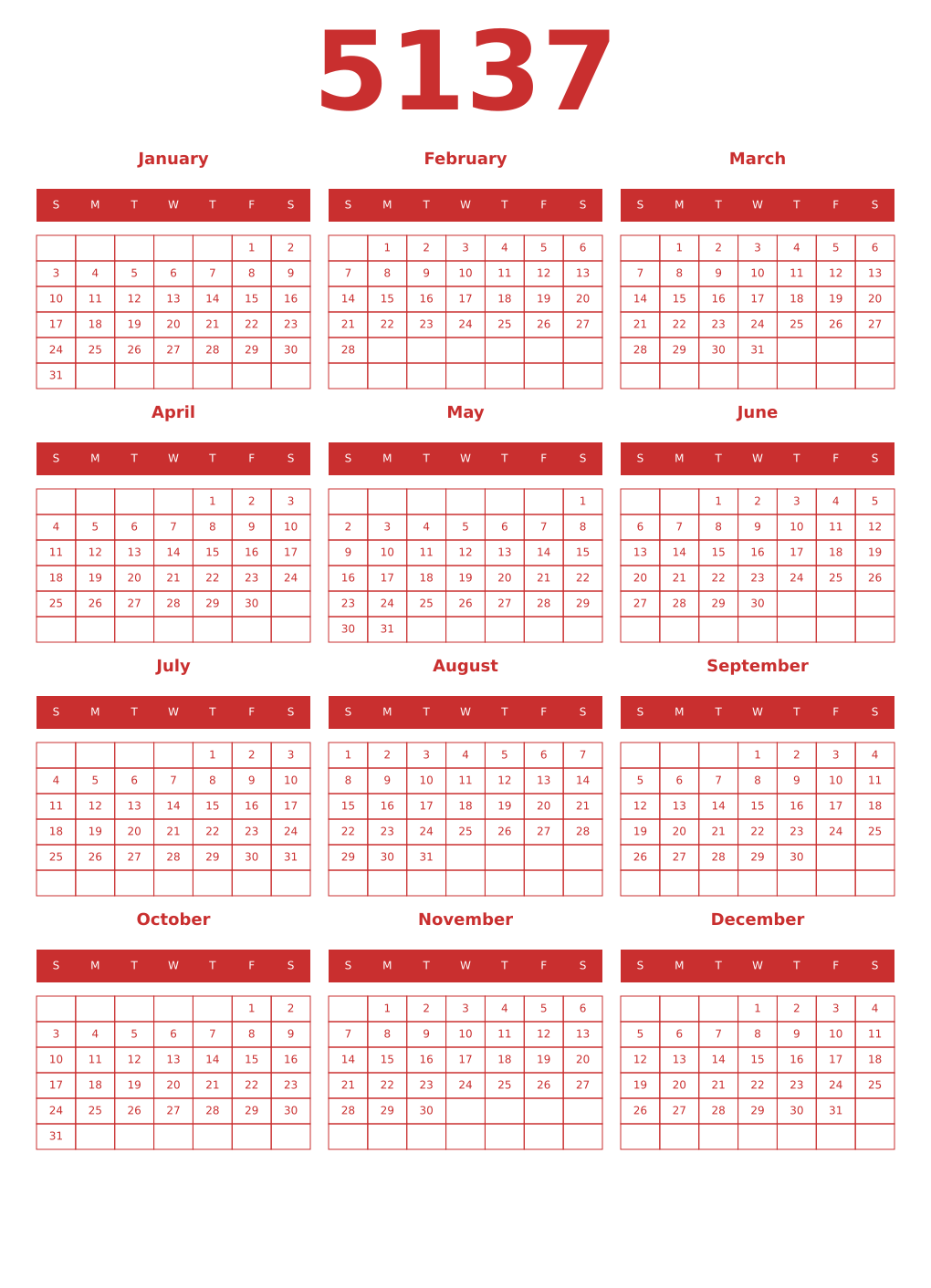Printable 5137 Year Calendars red