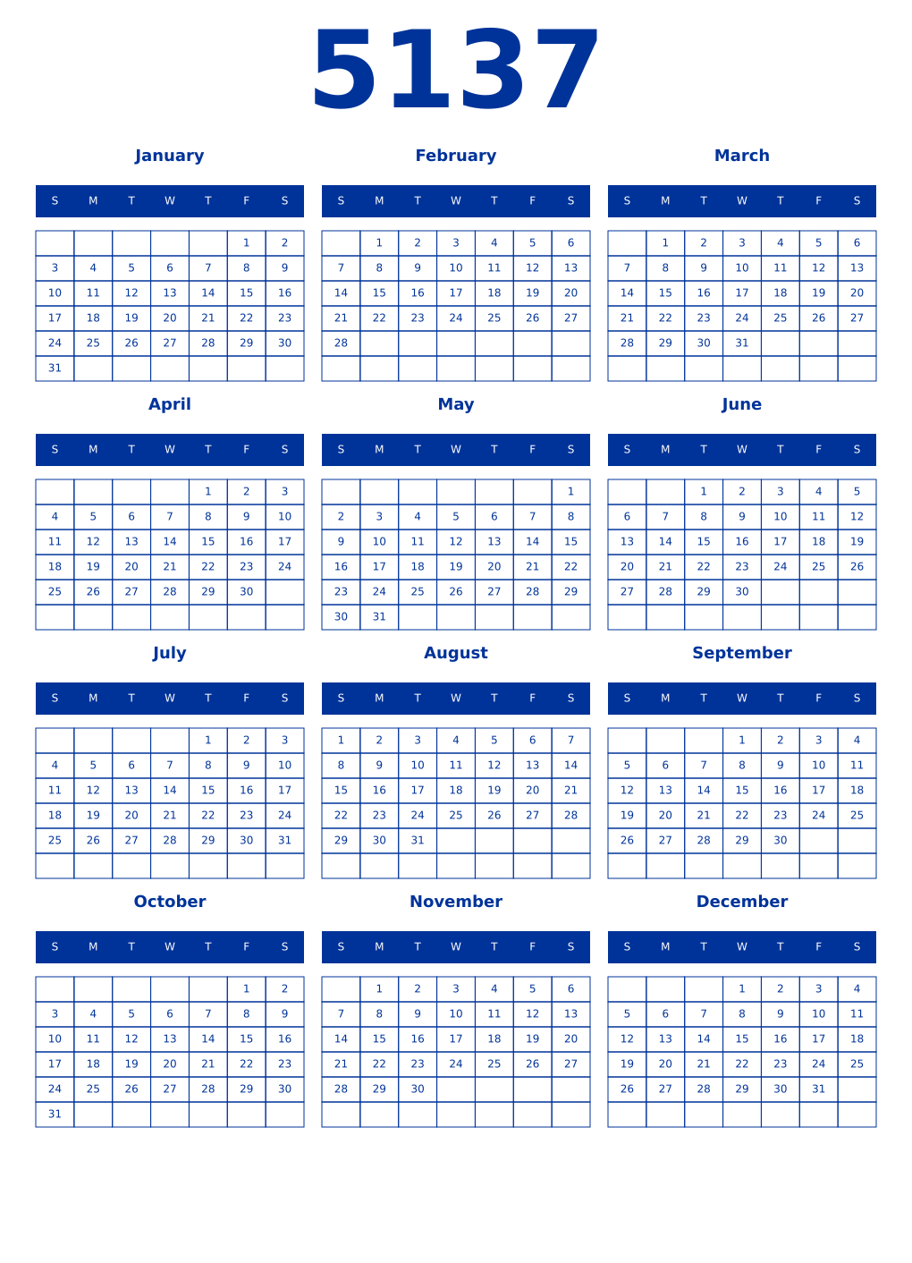 Printable 5137 Year Calendars smalt