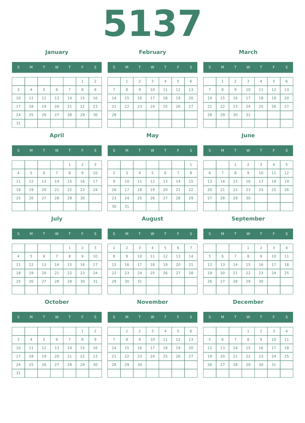 Printable 5137 Year Calendars viridian