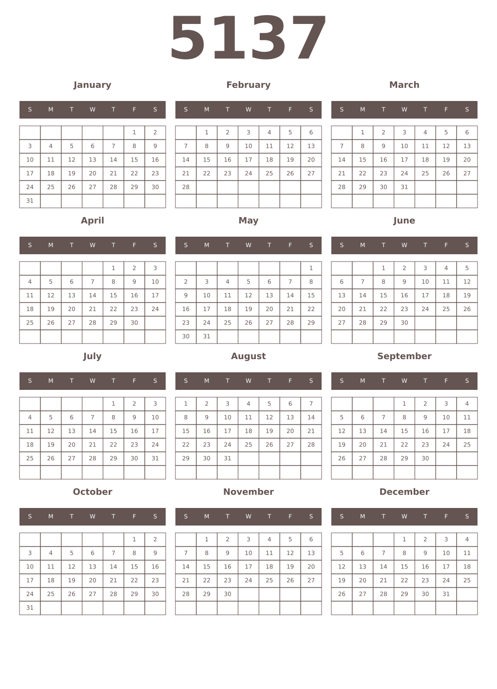 Printable 5137 Year Calendars wenge