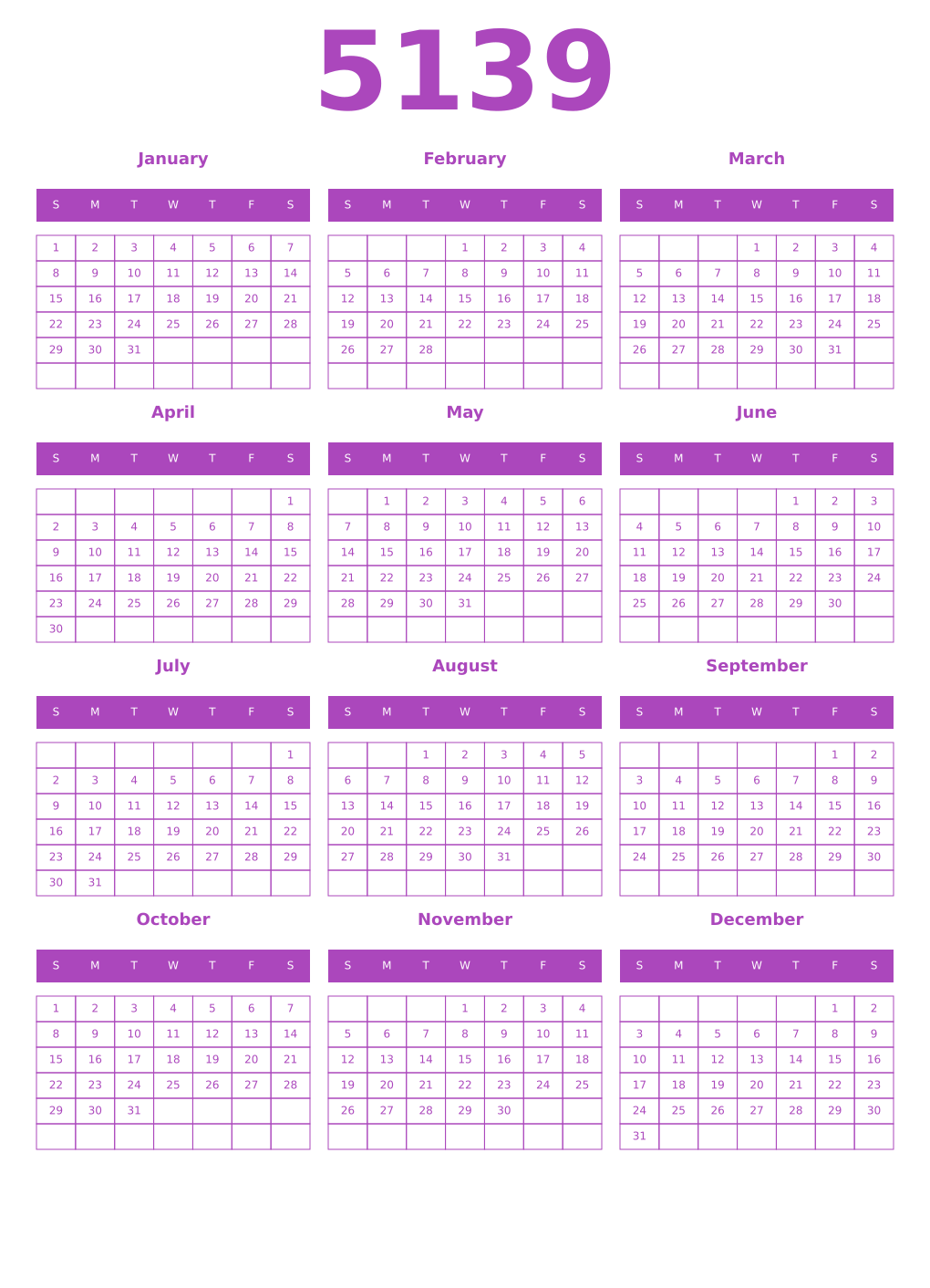 Printable 5139 Year Calendars purple