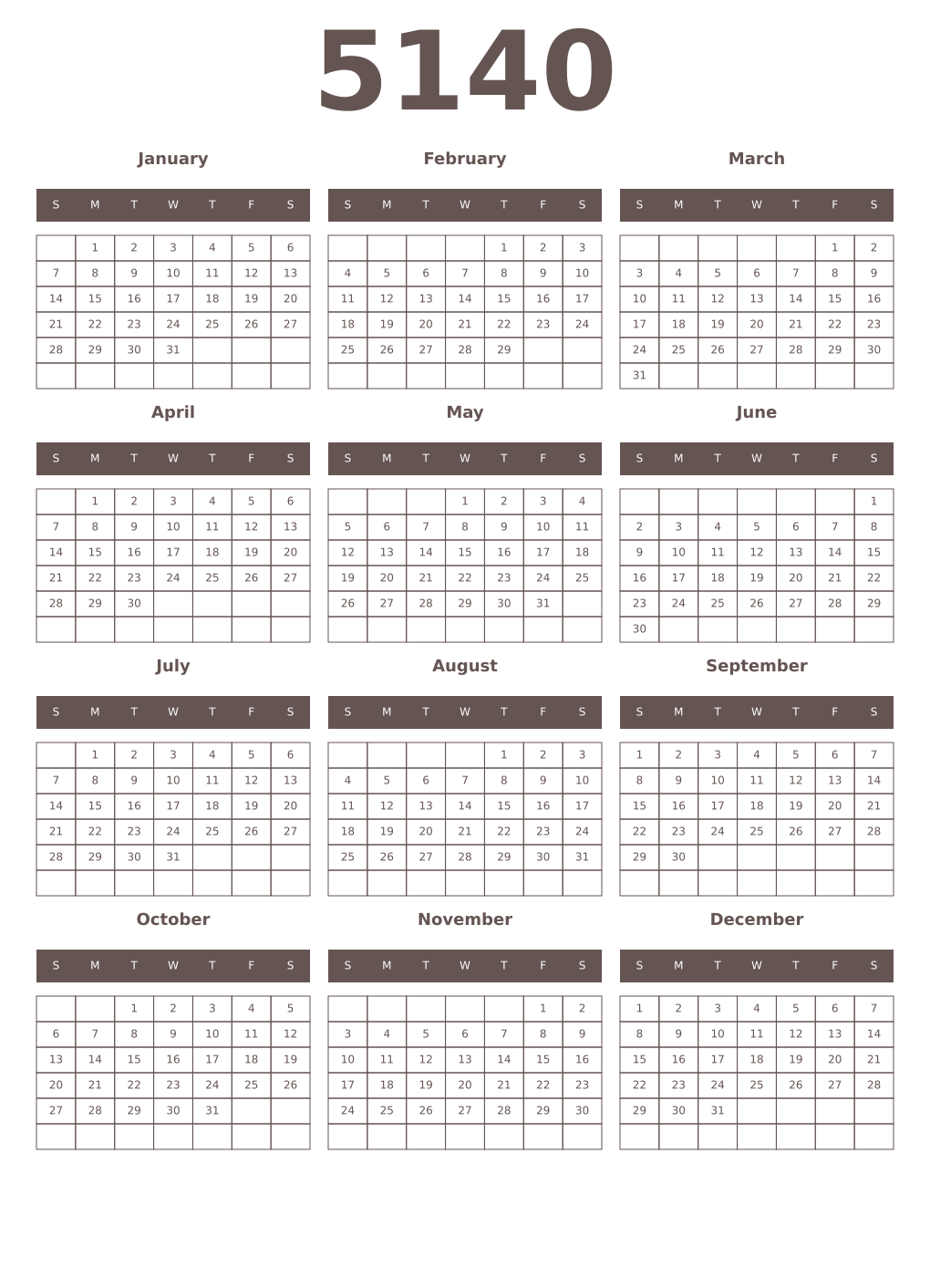 Printable 5140 Year Calendars wenge