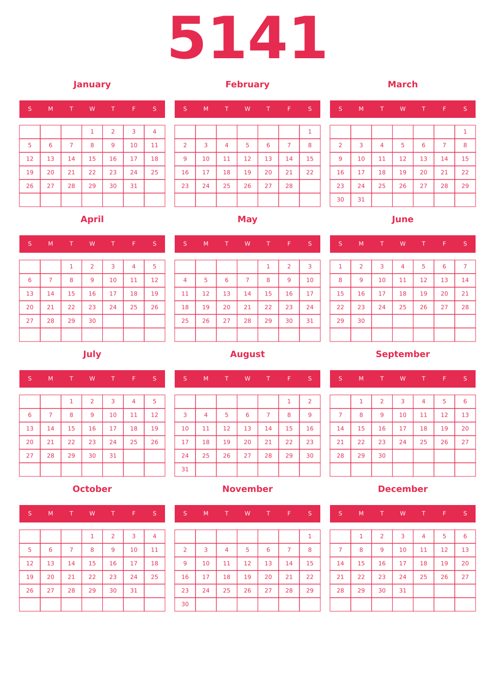 Printable 5141 Year Calendars amaranth