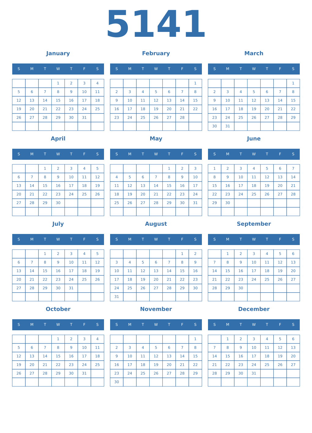 Printable 5141 Year Calendars blue