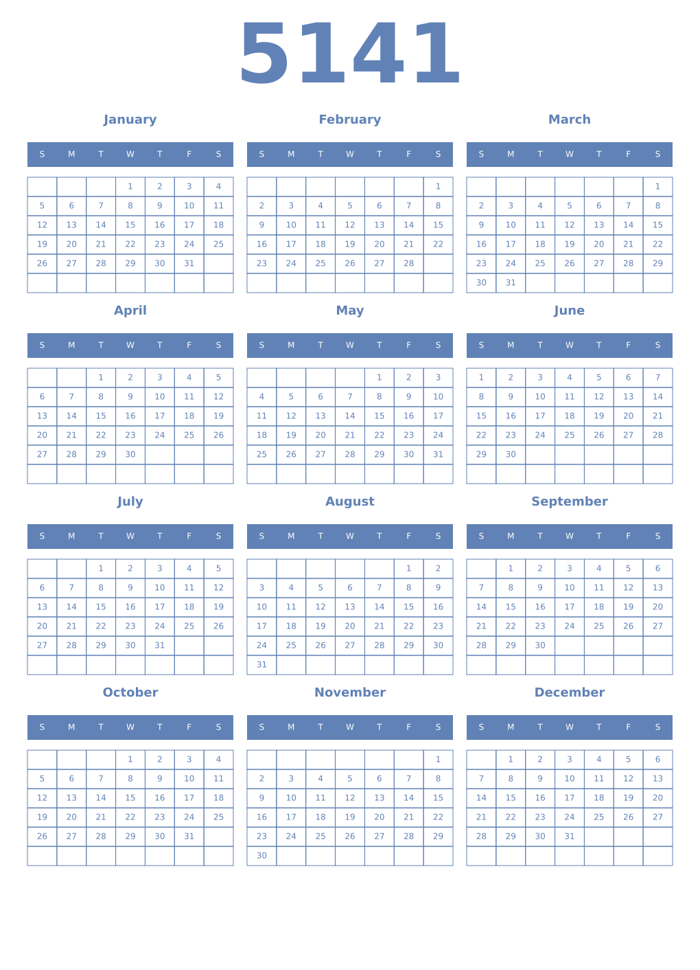 Printable 5141 Year Calendars glaucous