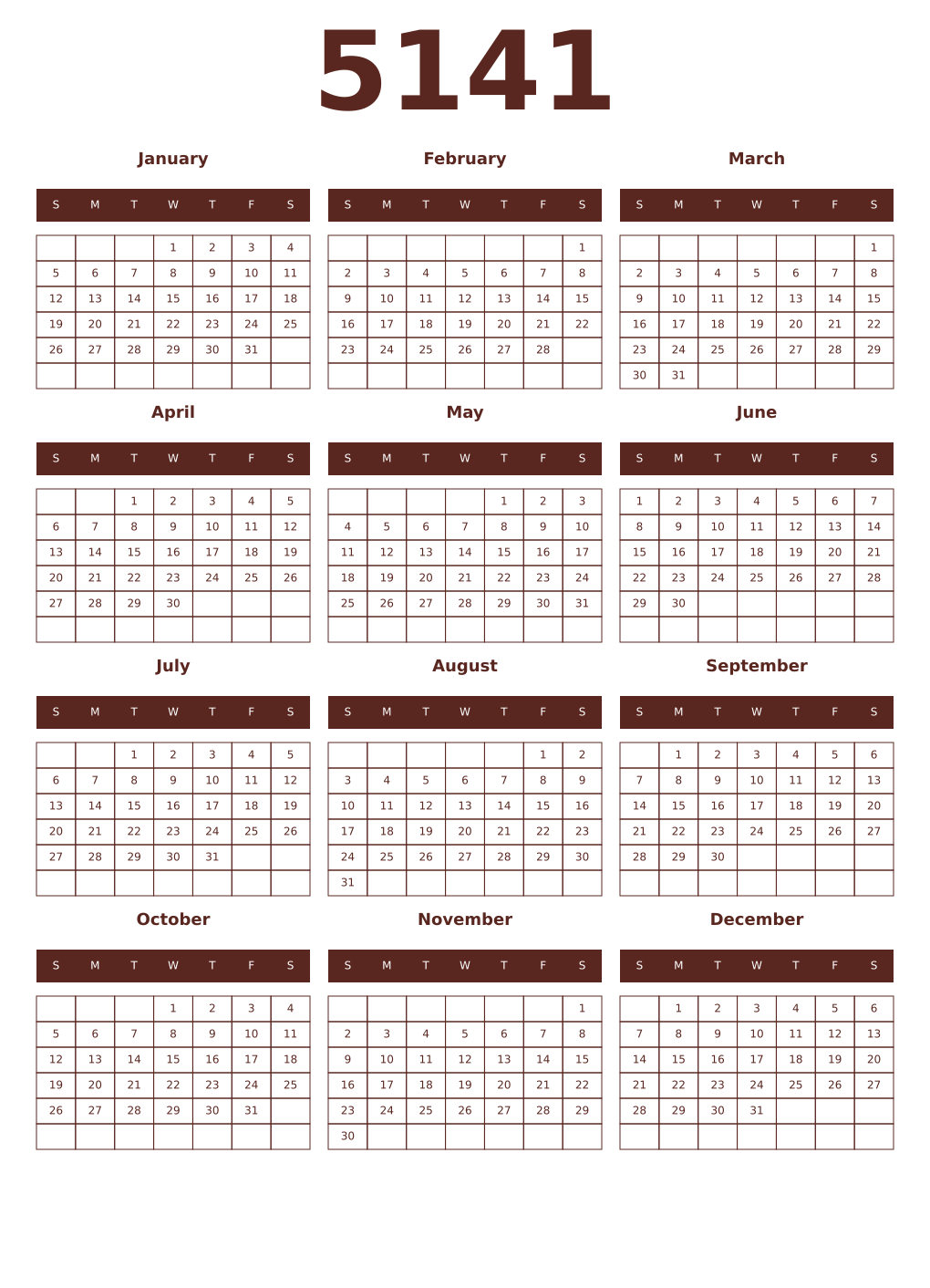 Printable 5141 Year Calendars mortuum