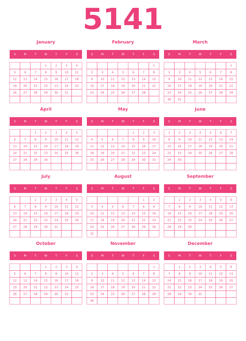 Printable 5141 Year Calendars pink