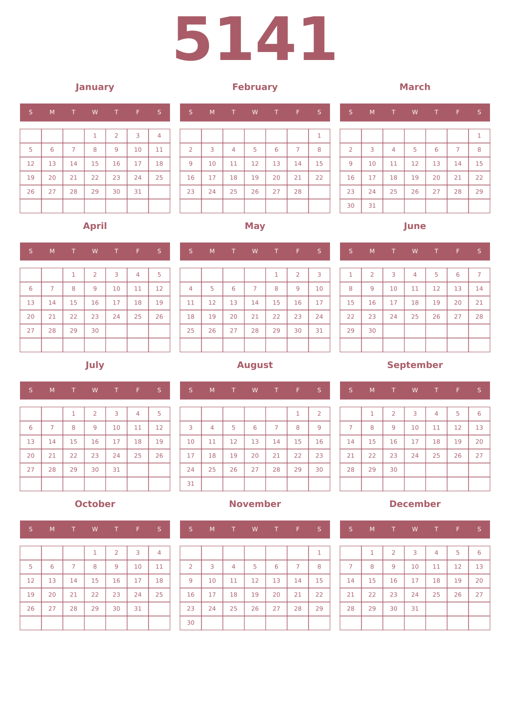 Printable 5141 Year Calendars puce