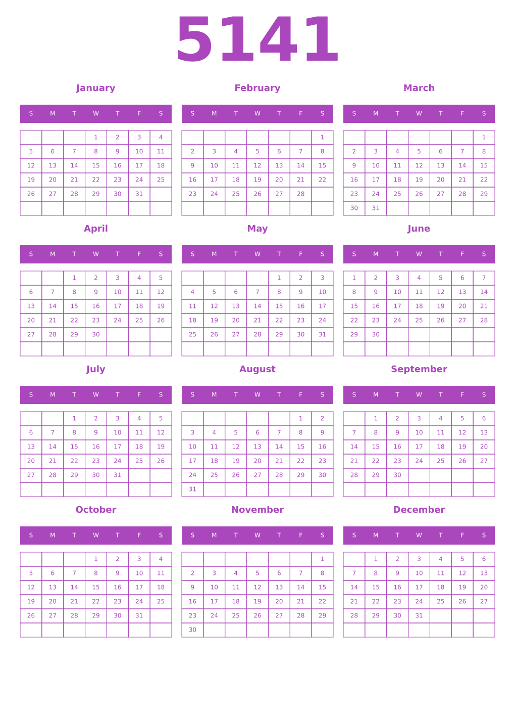 Printable 5141 Year Calendars purple