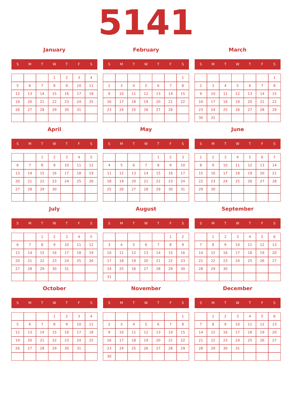 Printable 5141 Year Calendars red