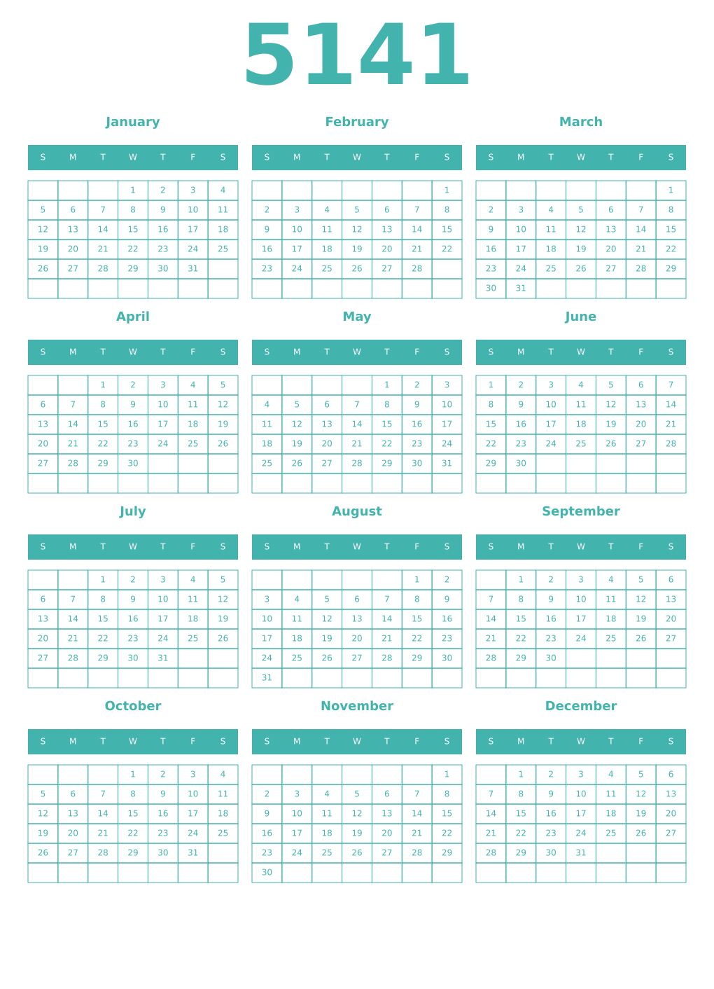 Printable 5141 Year Calendars verdigris