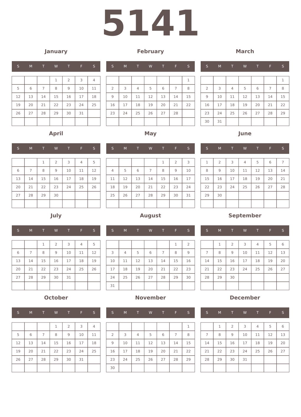 Printable 5141 Year Calendars wenge