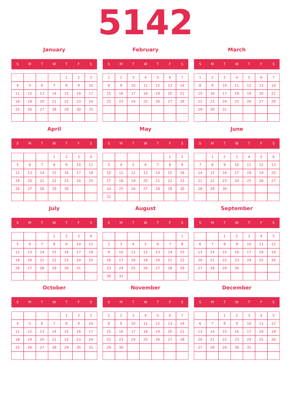 Printable 5142 Year Calendars amaranth