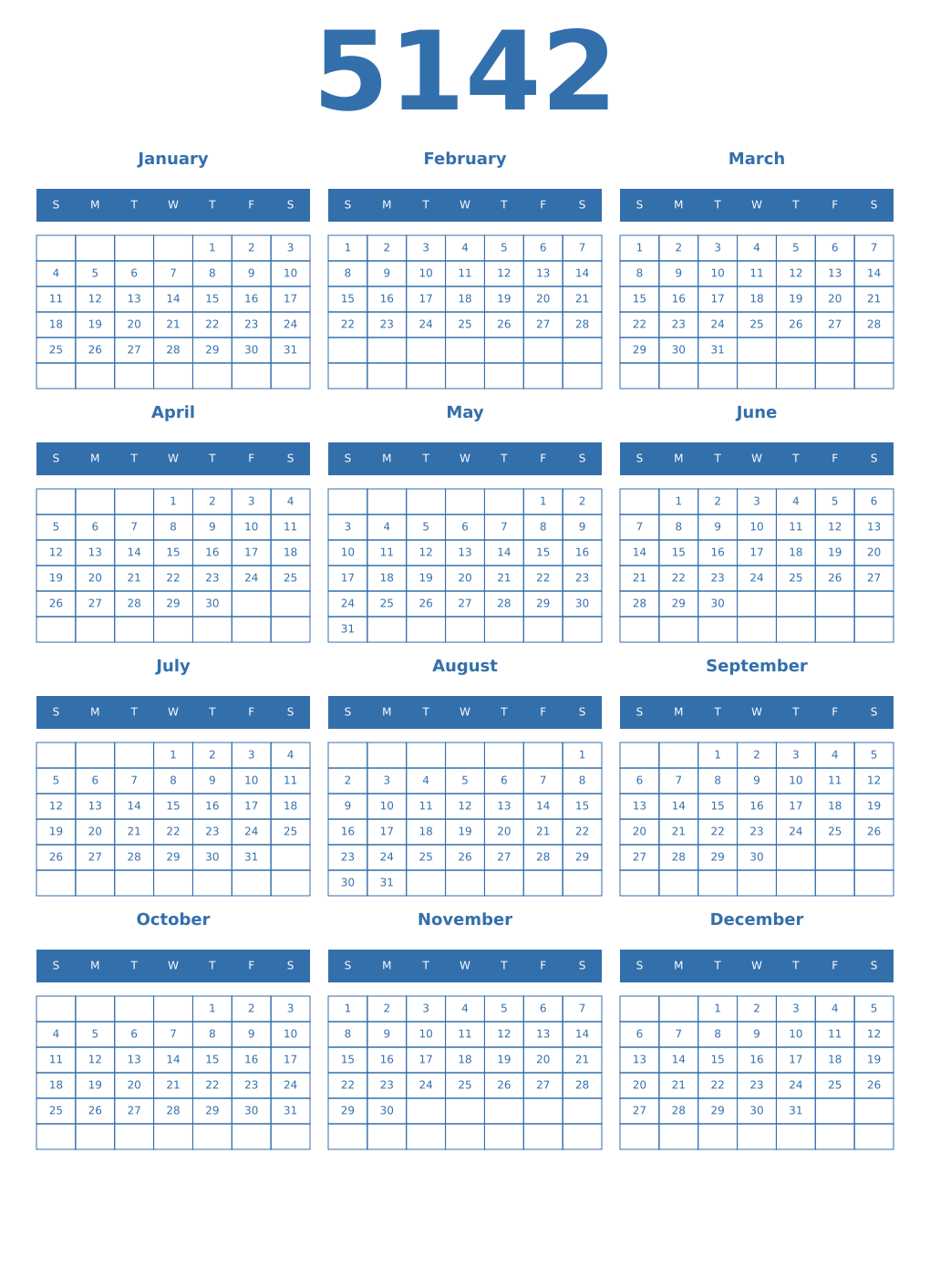 Printable 5142 Year Calendars blue
