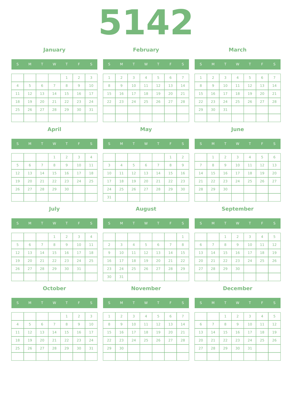 Printable 5142 Year Calendars celadon