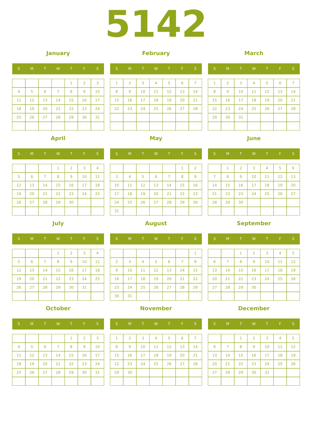 Printable 5142 Year Calendars chartreuse