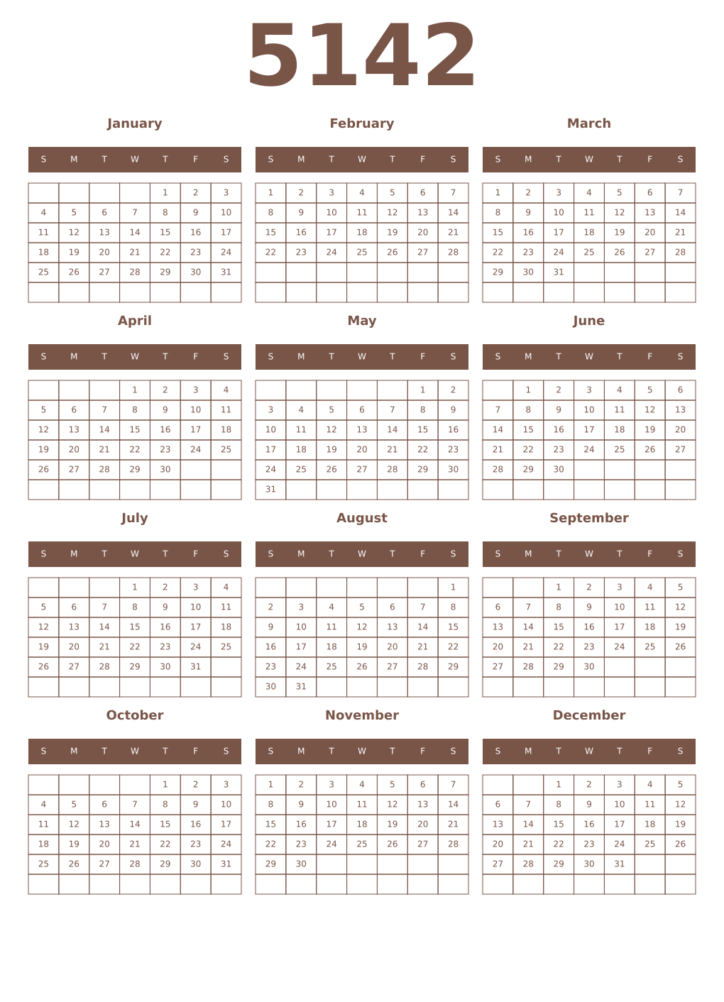 Printable 5142 Year Calendars coffe