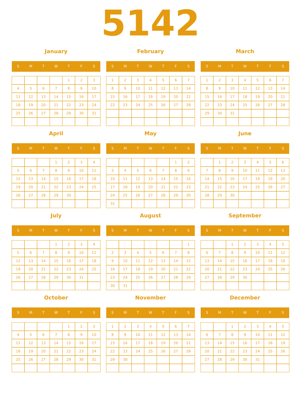 Printable 5142 Year Calendars gamboge
