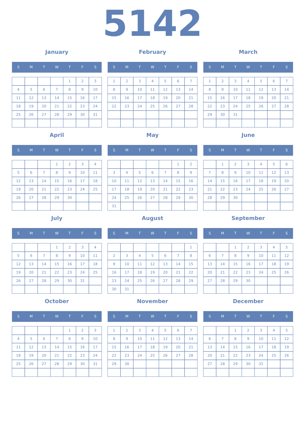 Printable 5142 Year Calendars glaucous