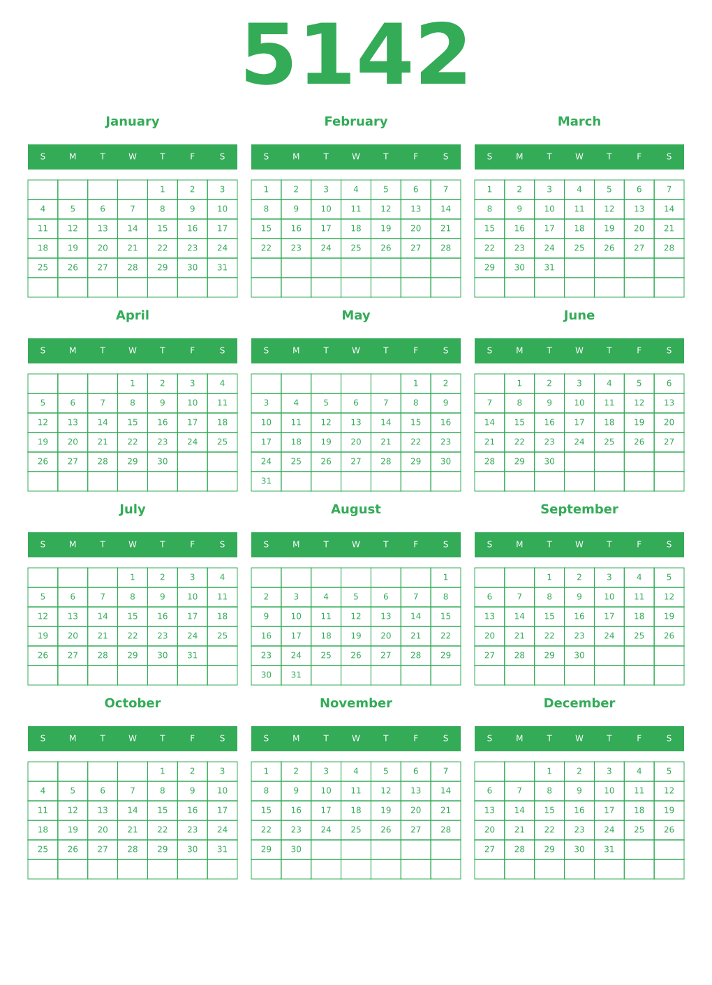 Printable 5142 Year Calendars green