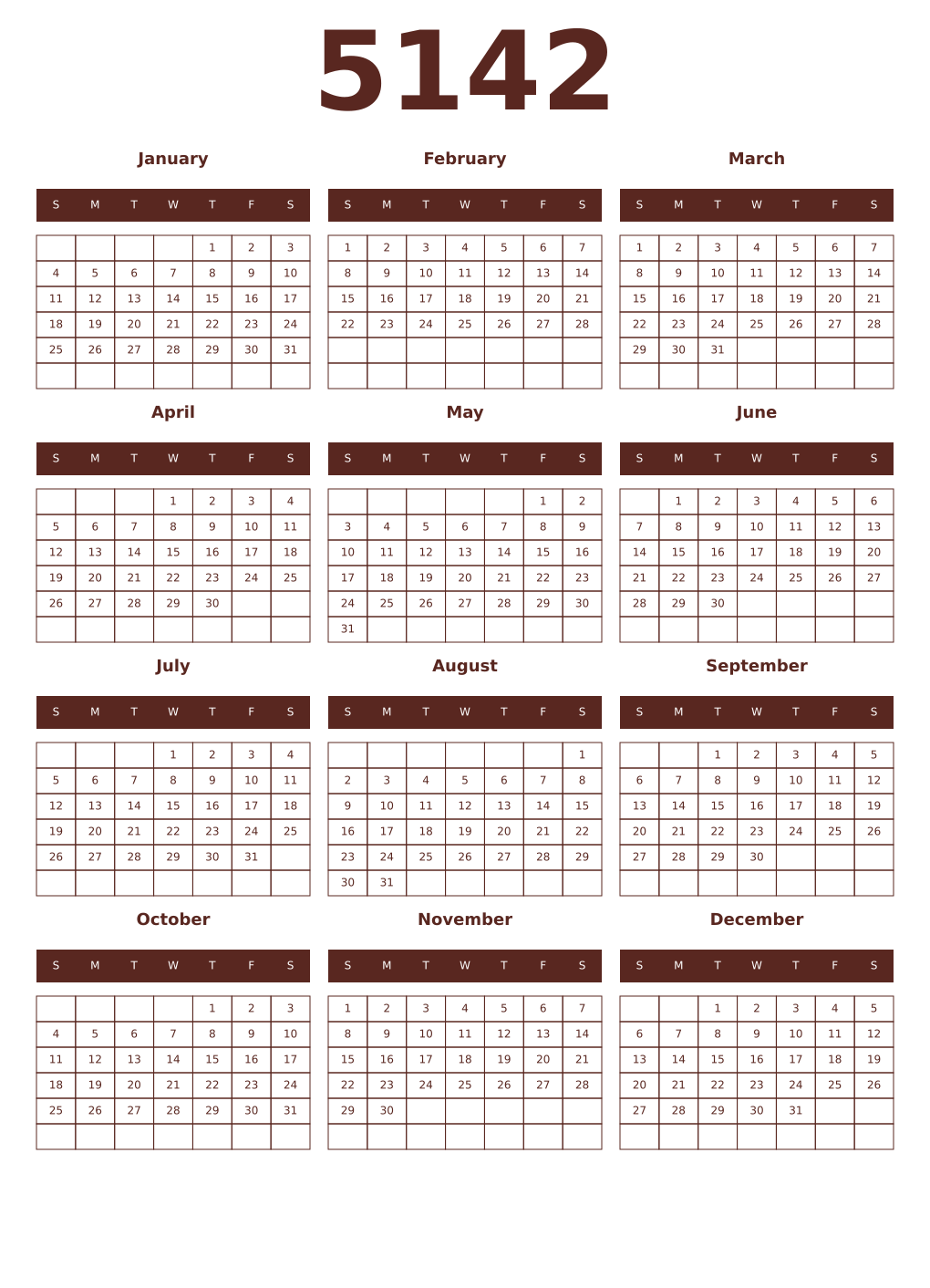 Printable 5142 Year Calendars mortuum