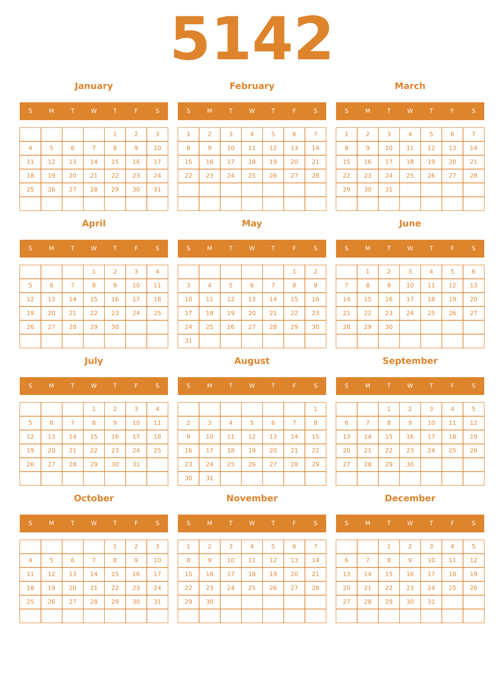 Printable 5142 Year Calendars orange