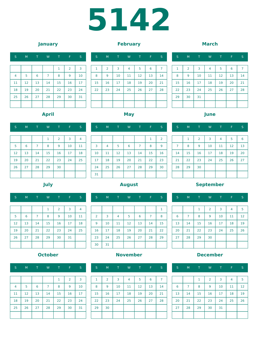Printable 5142 Year Calendars pastel