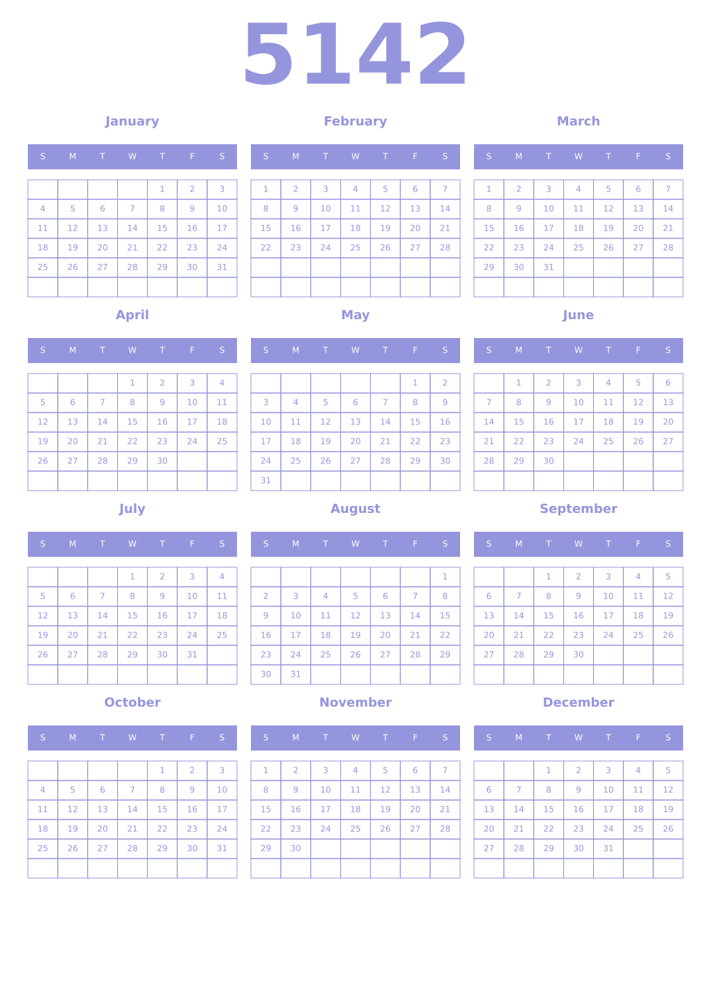 Printable 5142 Year Calendars periwinkle